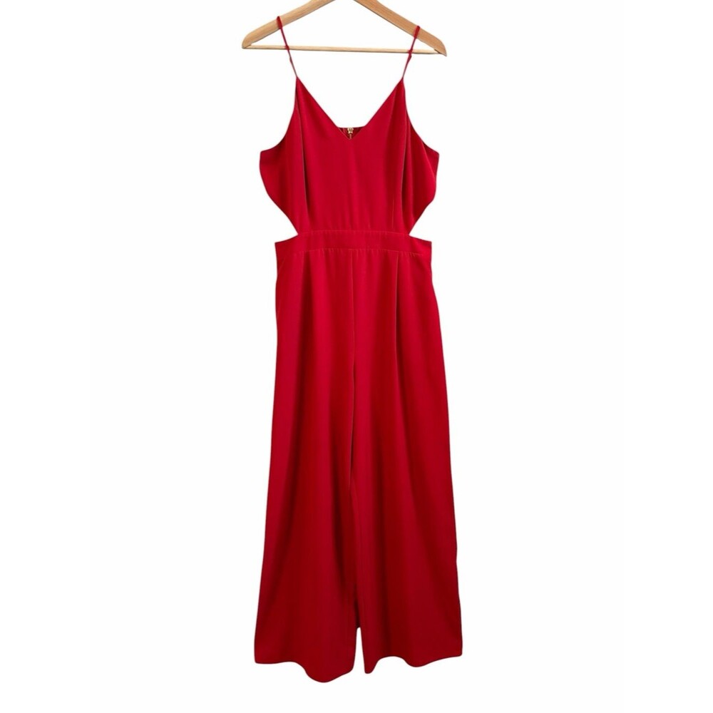 Gianni Bini Women Red Sleeveless Cutout Straps Wide Leg Jumpsuit XL Pockets Zip